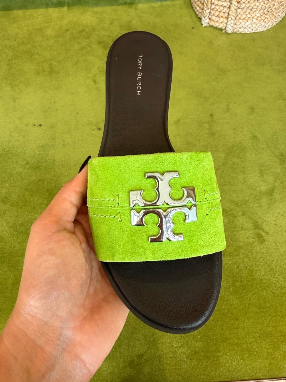 Tory‎ Burch Everly Slide Sandals Suede Flat Bitter Lime Silver Logo